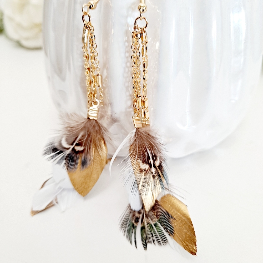 Women's long boho Gold tassel drop multicolor feather earrings 2/$30 - Picture 6 of 12
